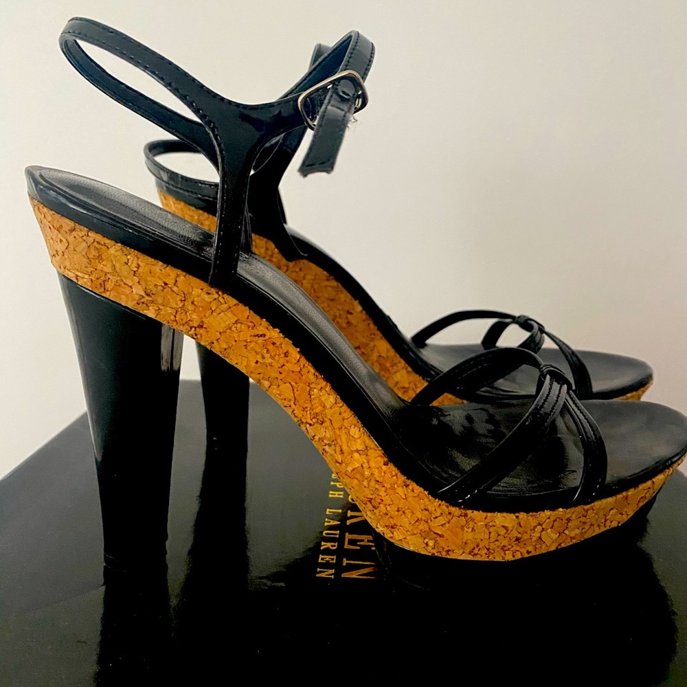 Lauren Ralph Lauren Mob Wife cork platform high heel sandals black 8.5 8/12
